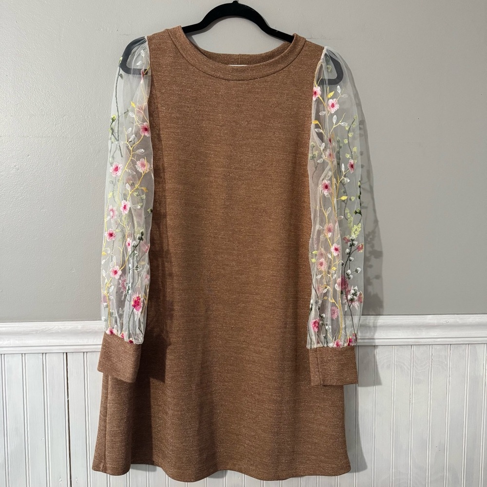 Renee C. Brown Metallic Dress with Sheer Mesh Embroidered Long Sleeves Size M - Picture 1 of 7